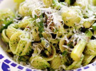 Orchiette with Kale Walnut Pesto + Lemon Broiled Asparagus